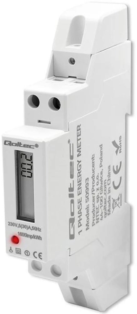 „Qoltec“ 1 fazės elektroninis skaitiklis | Energijos skaitiklis ant DIN bėgelio | 230 V | 30 A | LCD | 1P