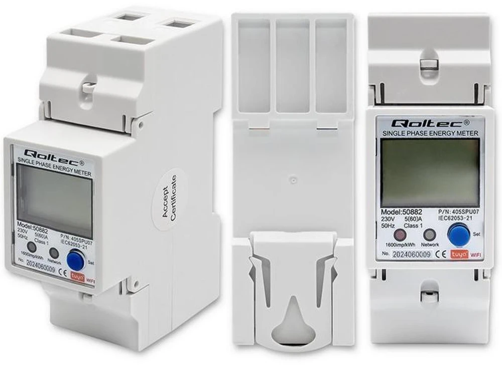 „Qoltec“ 1 fazės elektroninis skaitiklis | Energijos skaitiklis ant DIN bėgelio | „Wi-Fi“ | TUYA | 230 V | LCD