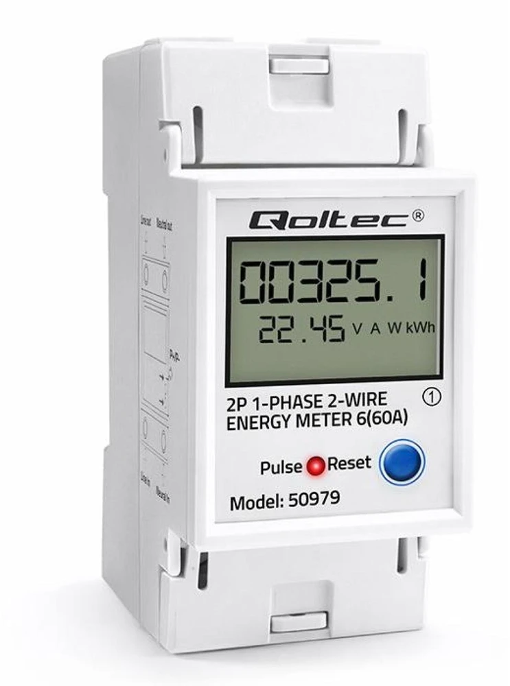 „Qoltec“ vienfazis elektroninis energijos suvartojimo skaitiklis, montuojamas ant DIN bėgelio | ATSTATYMAS | periodinis ir nuolatinis skaitiklis | 230 V | 60 A | LCD | LED | 2P