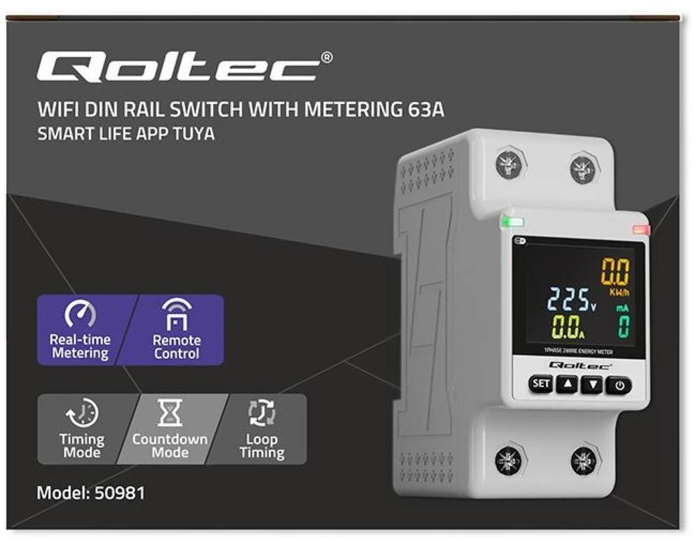 „Qoltec“ vienfazis elektroninis vatmetras | Energijos suvartojimo matuoklis | DIN35 | Nuotolinio valdymo pultas | Matavimų istorija | „Wi-Fi“ | TUYA | Išmanusis gyvenimas