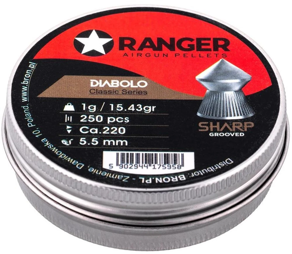 5.5 mm RANGER Diabolo Klasikinės su grioveliais, smailus galiukas, 250 vnt., 1.00 g