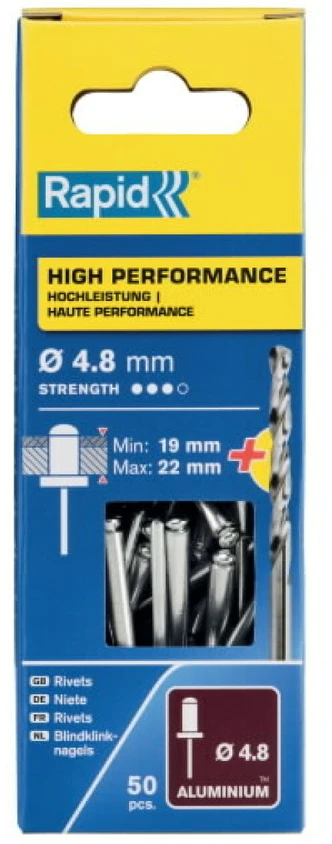 Kniedės aukštos kokybės Al 4,8x25mm 50vnt + Drill C, Rapid