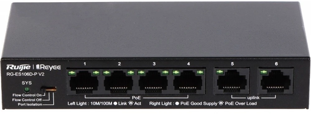 Šakotuvas Ruijie SWITCH POE RG-ES106D-P-V2 4 PRIEVADŲ REYEE