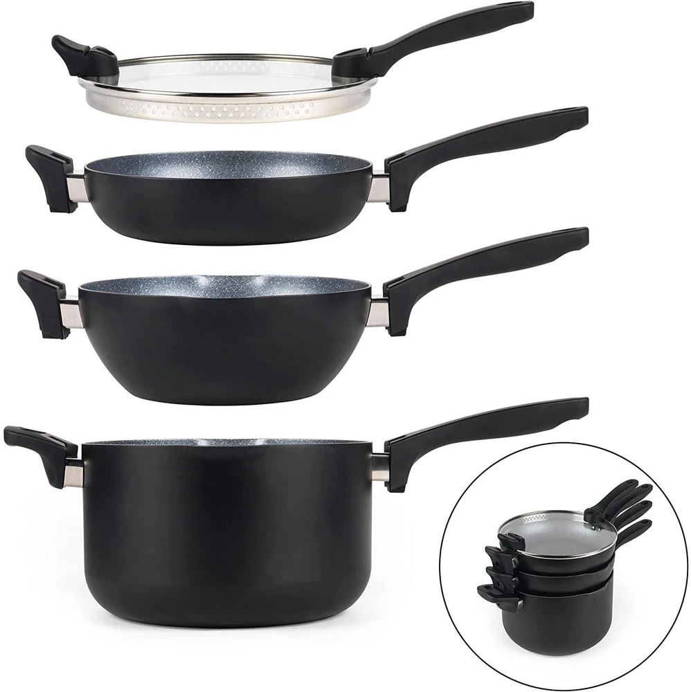 Puodo ir keptuvių rinkinys su nepridegančia marmuro efekto danga Russell Hobbs RH01840EU7, 24 cm, 4 vnt., juodas