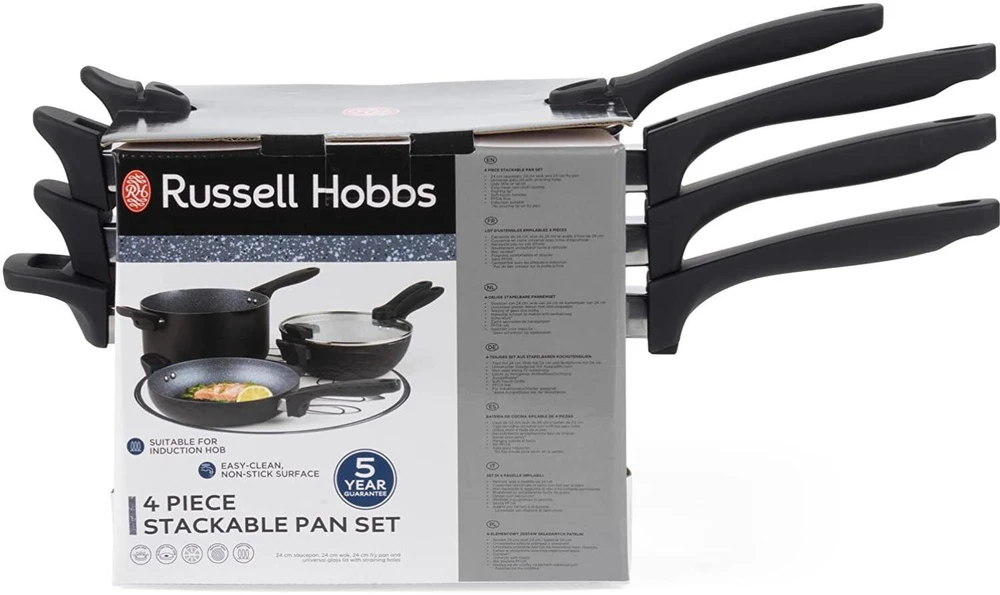 Puodo ir keptuvių rinkinys su nepridegančia marmuro efekto danga Russell Hobbs RH01840EU7, 24 cm, 4 vnt., juodas