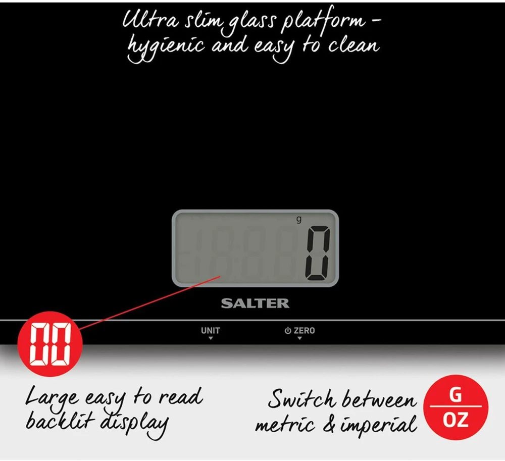 Virtuvinės svarstyklės Salter Virtuvinis svarstyklės 1172 BKDRCEU16, 220mm, 180mm, 1,8cm, juodas, 1 x CR2032, taros funkcija, Aquatronic
