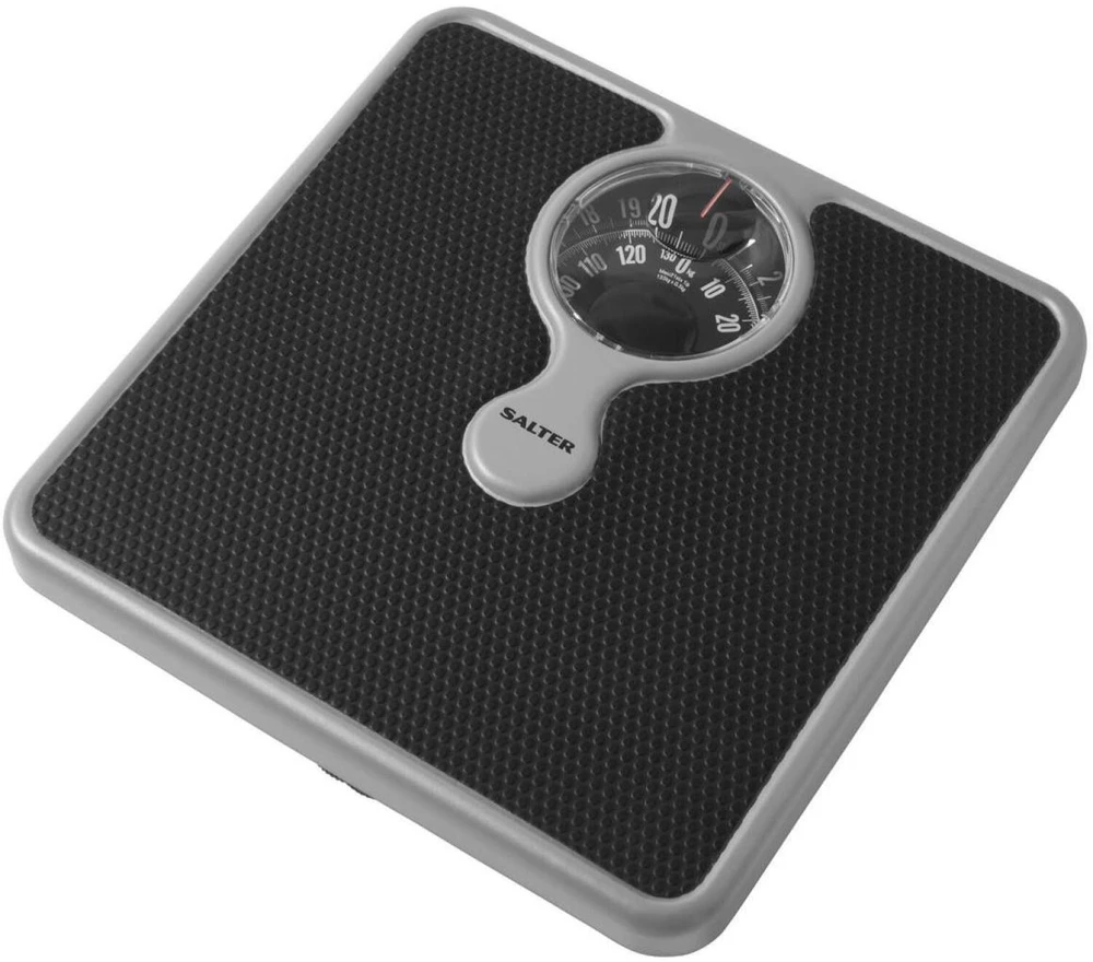 Virtuvinės svarstyklės Mechaninės vonios svarstyklės su didinamuoju lęšiu Salter, iki 133 kg, sidabro spalvos su juoda