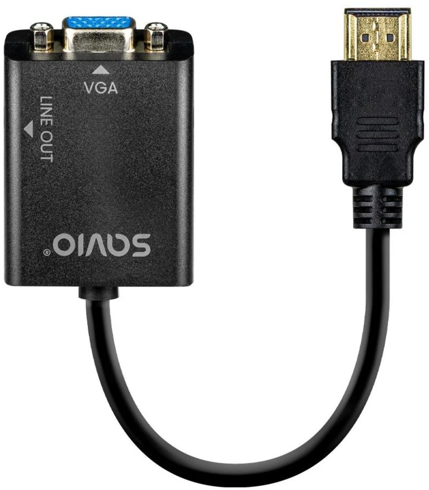 Savio HDMI į VGA adapteris su garsu AK-76, maksimali raiška iki 1080p, be išorinio maitinimo, su pridedamu 3 mm audio kabeliu