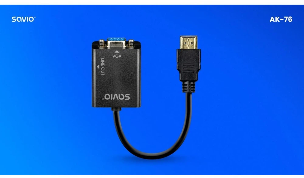 Savio HDMI į VGA adapteris su garsu AK-76, maksimali raiška iki 1080p, be išorinio maitinimo, su pridedamu 3 mm audio kabeliu