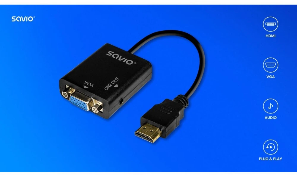 Savio HDMI į VGA adapteris su garsu AK-76, maksimali raiška iki 1080p, be išorinio maitinimo, su pridedamu 3 mm audio kabeliu