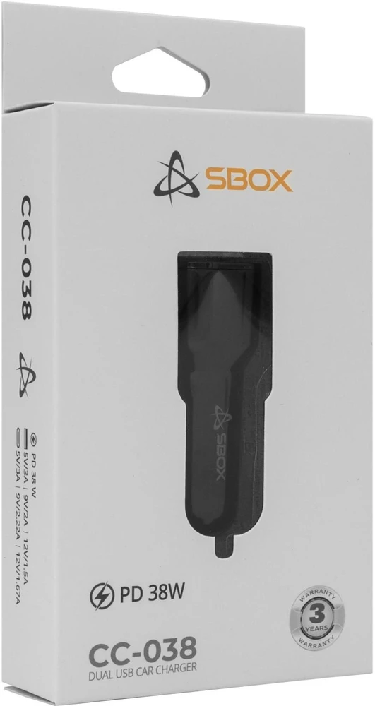 Sbox Automobilinis įkroviklis 38W, juodas