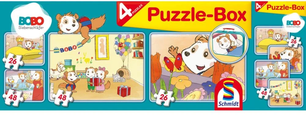 Dėlionė Schmidt Spiele Bobo Siebenschläfer dėlionių rinkinys metaliniame lagamine 55892, 148 vnt., 2x26, 2x48, nuo 36 mėn.