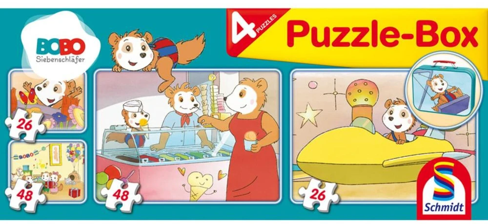 Dėlionė Schmidt Spiele Bobo Siebenschläfer dėlionių rinkinys metaliniame lagamine 55892, 148 vnt., 2x26, 2x48, nuo 36 mėn.