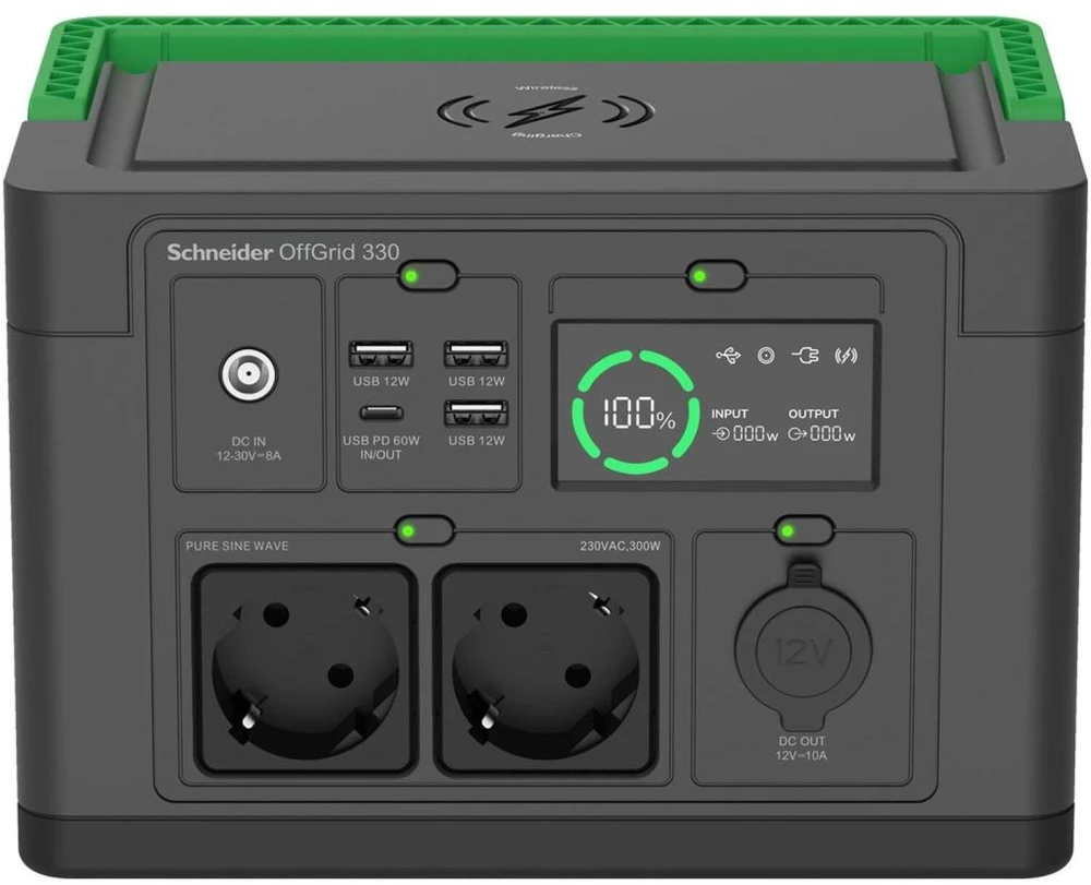 „Apc Schneider OffGrid“ nešiojama elektrinė 330, 230 V, 332 Wh ličio jonų, LCD, 2 CEE 7/3 „Schuko“ lizdai, „Sinewave“, 3 USB-A, 1 USB-C, belaidis įkroviklis
