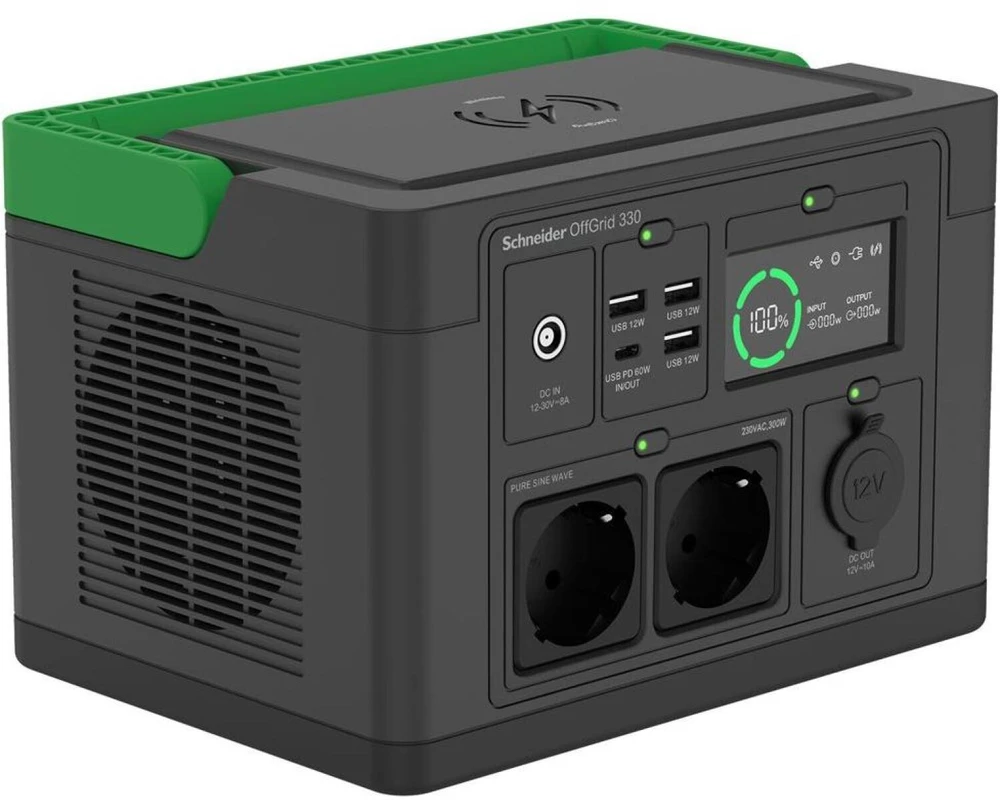 „Apc Schneider OffGrid“ nešiojama elektrinė 330, 230 V, 332 Wh ličio jonų, LCD, 2 CEE 7/3 „Schuko“ lizdai, „Sinewave“, 3 USB-A, 1 USB-C, belaidis įkroviklis