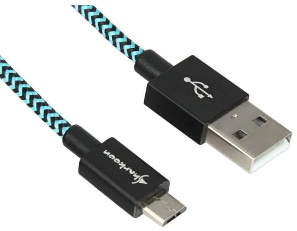 Sharkoon USB 2.0 Kabelis, USB-A Stecker > Micro-USB Stecker (juodas/hellblau, 1 Meter, gesleevt)