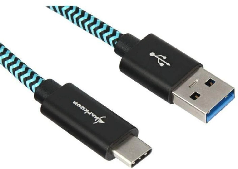 Sharkoon USB 3.2 Gen 2 Kabelis, USB-A Stecker > USB-C Stecker (juodas/hellblau, 0,5 Meter, gesleevt)