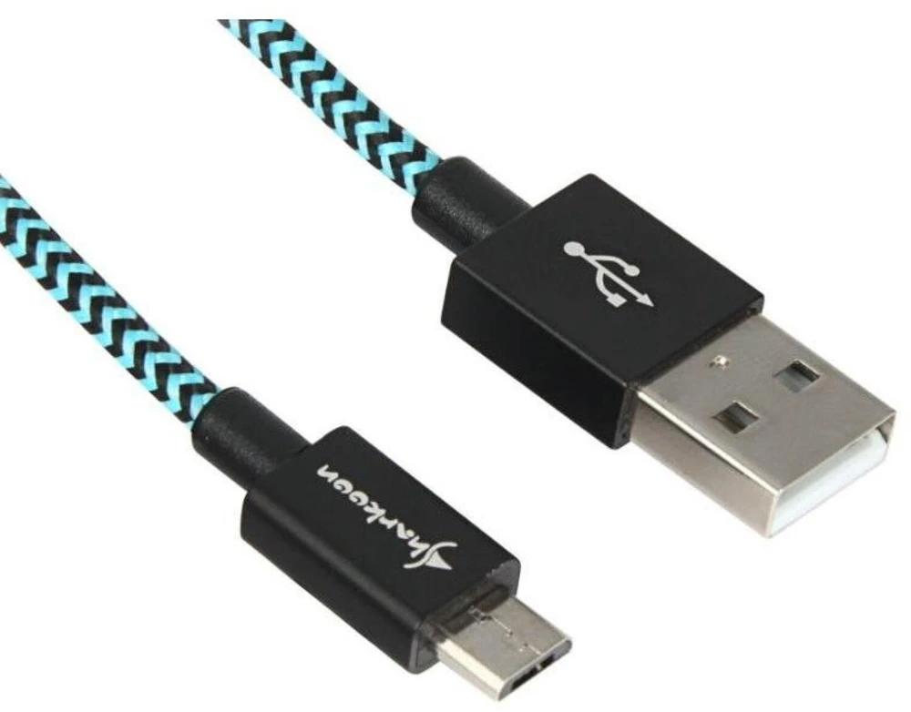 Sharkoon USB 2.0 Kabelis, USB-A Stecker > Micro-USB Stecker (juodas/hellblau, 2 Meter, gesleevt)