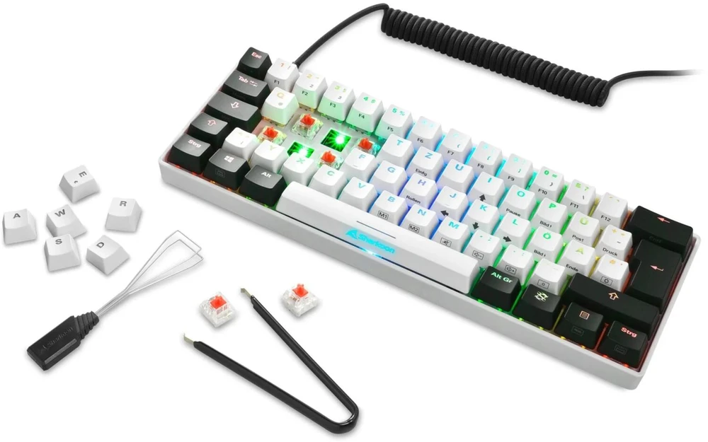 Sharkoon SKILLER SGK50 S4 žaidimų klaviatūra su raudonais jungikliais - 60% išdėstymas, raudoni hot-swap jungikliai, RGB apšvietimas, QWERTZ išdėstymas, baltas-juodas