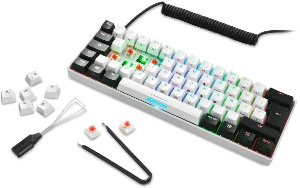 Sharkoon SKILLER SGK50 S4 žaidimų klaviatūra su raudonais jungikliais - 60% išdėstymas, raudoni hot-swap jungikliai, RGB apšvietimas, QWERTZ išdėstymas, baltas-juodas