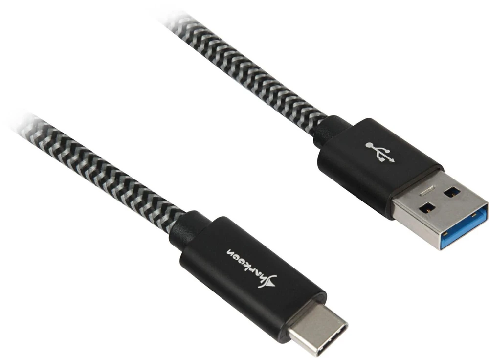 Sharkoon USB 3.2 Gen 2 Kabelis, USB-A Stecker > USB-C Stecker (juodas/grau, 1 Meter, gesleevt)