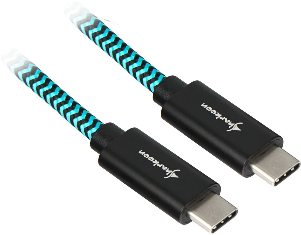 Sharkoon USB 3.2 Gen 2 Kabelis, USB-C Stecker > USB-C Stecker (juodas/hellblau, 1 Meter, gesleevt)