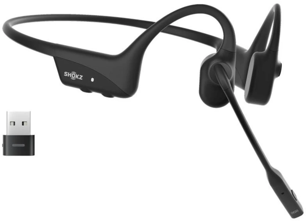 SHOKZ OpenComm2 UC 2025 atnaujintos belaidės Bluetooth kaulų laidumo vaizdo konferencijų ausinės su USB-C įkrovimo prievadu ir USB-C adapteriu | 16 val. pokalbių laiko, 29 m belaidžio ryšio atstumas, 1 val. įkrovimo laikas | Pridėtas triukšmą slopinantis mikrofono kotas ir dongle, juoda