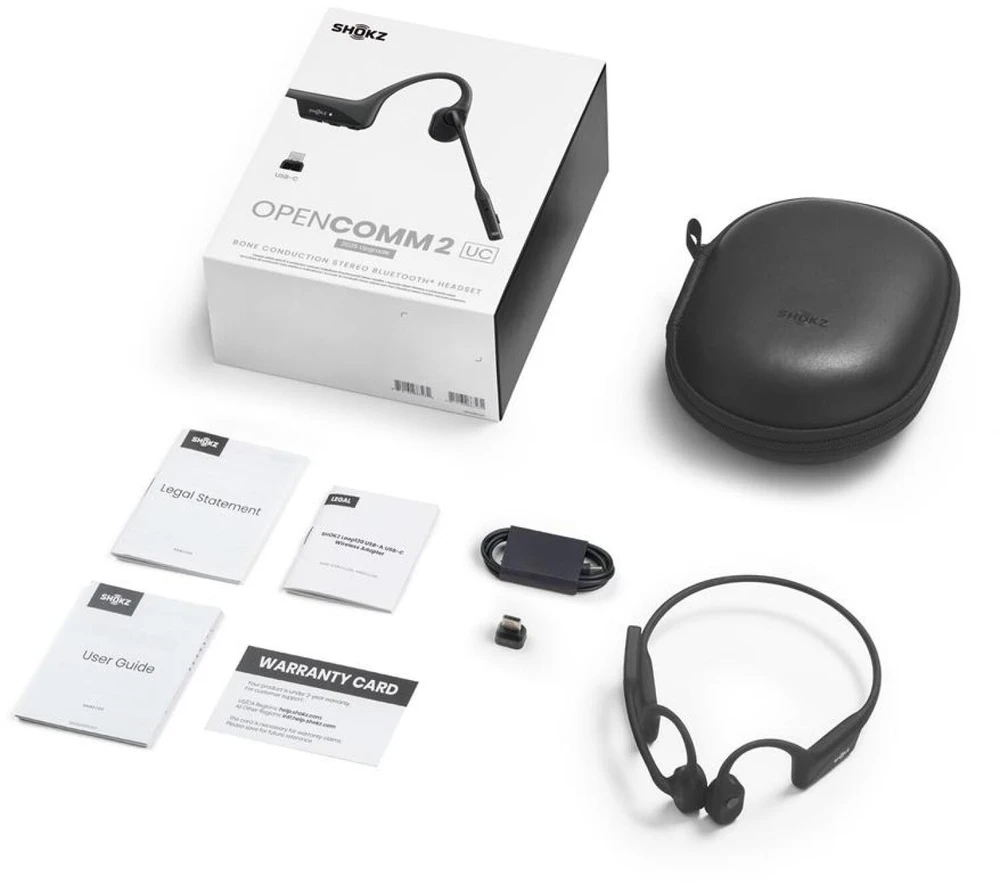 SHOKZ OpenComm2 UC 2025 atnaujintos belaidės Bluetooth kaulų laidumo vaizdo konferencijų ausinės su USB-C įkrovimo prievadu ir USB-C adapteriu | 16 val. pokalbių laiko, 29 m belaidžio ryšio atstumas, 1 val. įkrovimo laikas | Pridėtas triukšmą slopinantis mikrofono kotas ir dongle, juoda