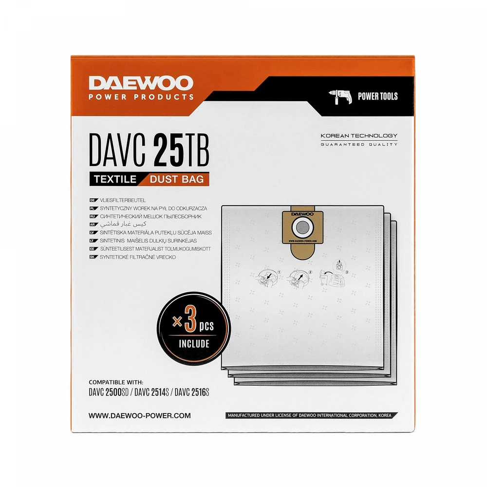 Sintetinis maišelis dulkių surinkėjas DAVC 25TB DAEWOO, DAVC2514S/DAVC2516S/DAVC2500SD/DAVC2014S/DAVC2014, 3, 0,41kg