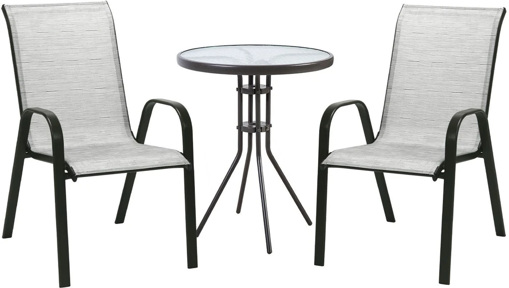 Lauko baldų komplektas HOME4YOU Sodo baldų komplektas DUBLIN, stalas ir 2 kėdės (11873) 60x70 cm, stalviršis: 5 mm skaidrus stiklas, rėmas: plieno, spalva: sidabrinė pilka
