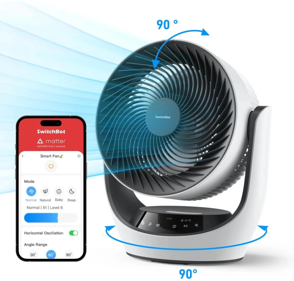 Switchbot Oro cirkuliacijos ventiliatorius W3800510, 24W, 3600mAh, 24dB, 90°, 4 greičiai, baltas, Alexa, Google Home, IFTTT, USB-C