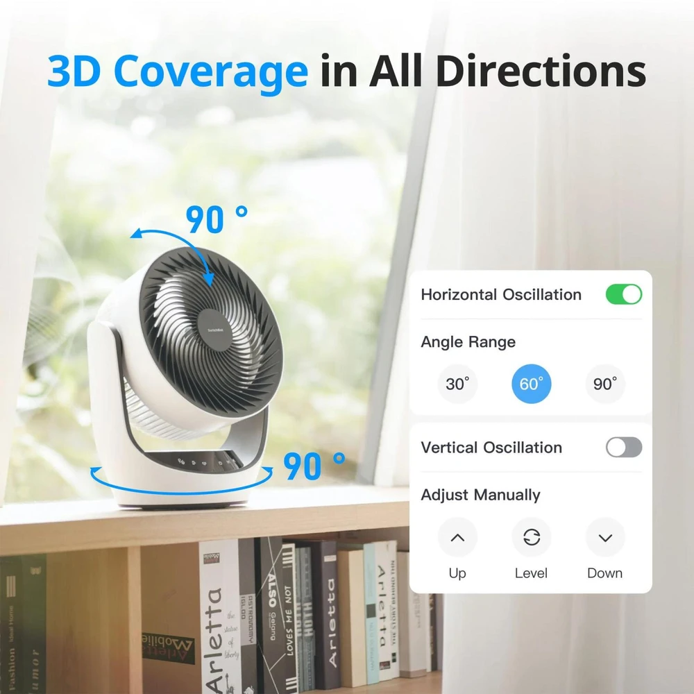 Switchbot Oro cirkuliacijos ventiliatorius W3800510, 24W, 3600mAh, 24dB, 90°, 4 greičiai, baltas, Alexa, Google Home, IFTTT, USB-C