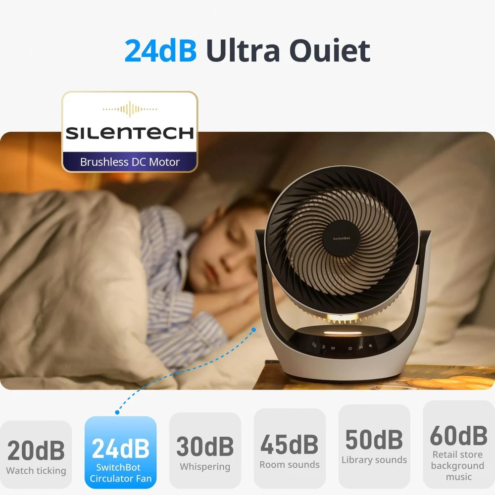 Switchbot Oro cirkuliacijos ventiliatorius W3800510, 24W, 3600mAh, 24dB, 90°, 4 greičiai, baltas, Alexa, Google Home, IFTTT, USB-C
