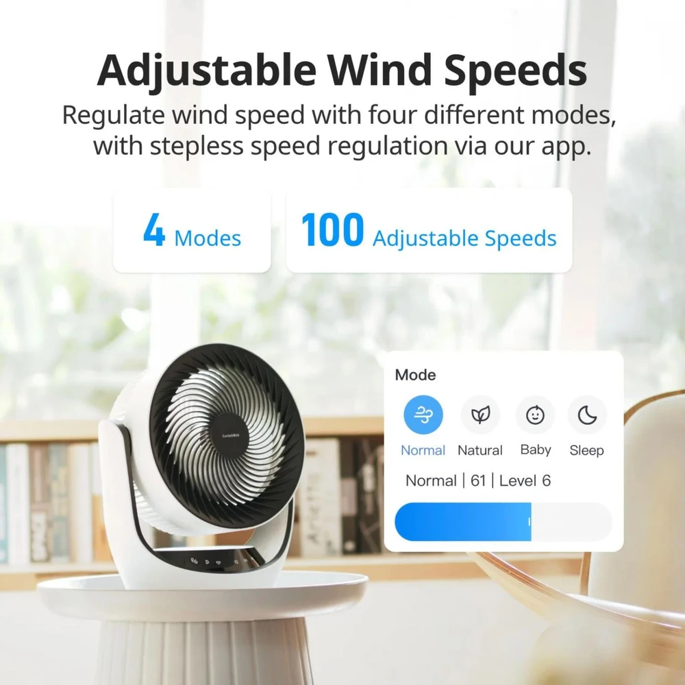Switchbot Oro cirkuliacijos ventiliatorius W3800510, 24W, 3600mAh, 24dB, 90°, 4 greičiai, baltas, Alexa, Google Home, IFTTT, USB-C