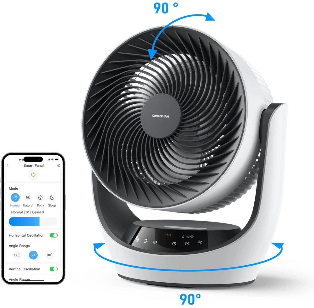 Switchbot Oro cirkuliacijos ventiliatorius W3800510, 24W, 3600mAh, 24dB, 90°, 4 greičiai, baltas, Alexa, Google Home, IFTTT, USB-C