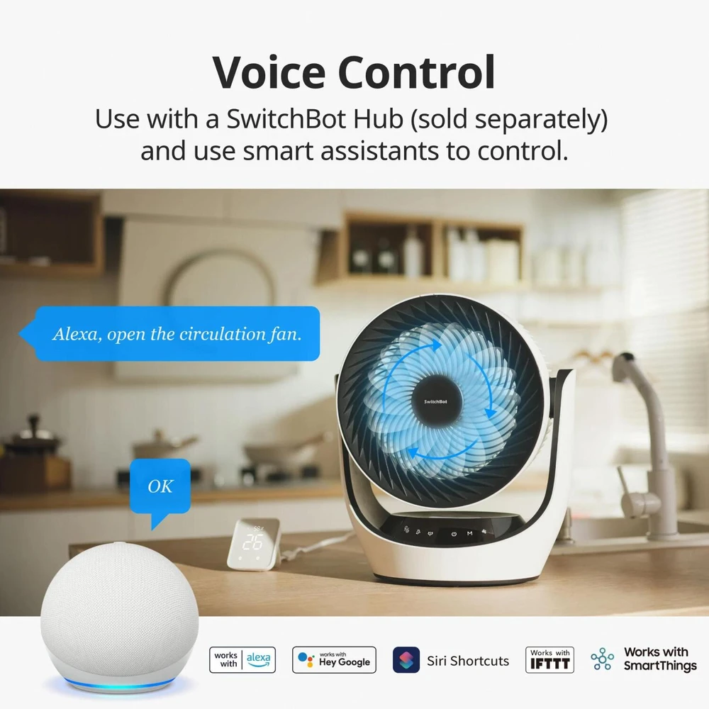 Switchbot Oro cirkuliacijos ventiliatorius W3800510, 24W, 3600mAh, 24dB, 90°, 4 greičiai, baltas, Alexa, Google Home, IFTTT, USB-C