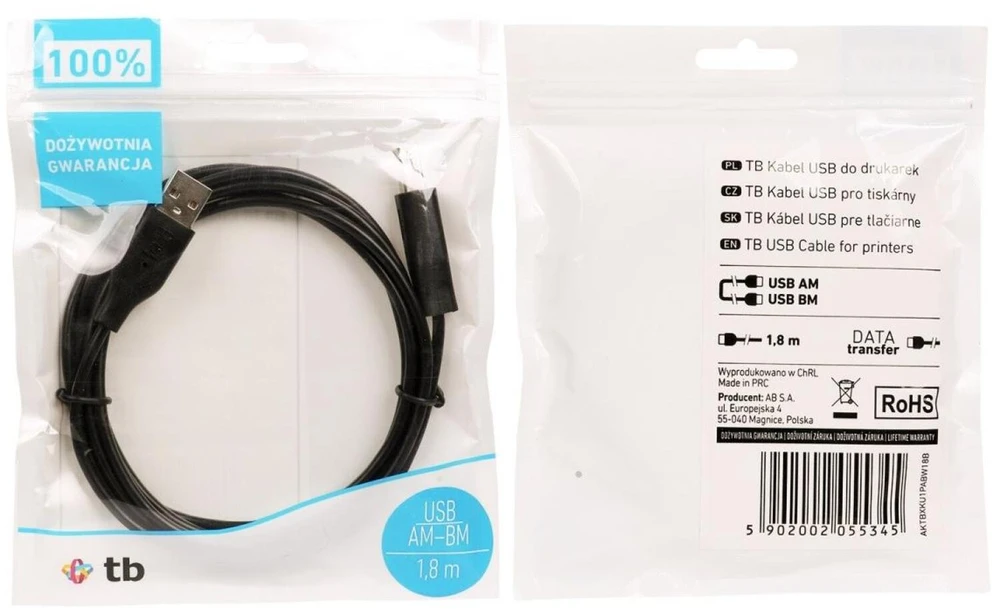 Maitinimo laidas TB AKTBXKU1PABW18B, USB A/USB B, 1.8m