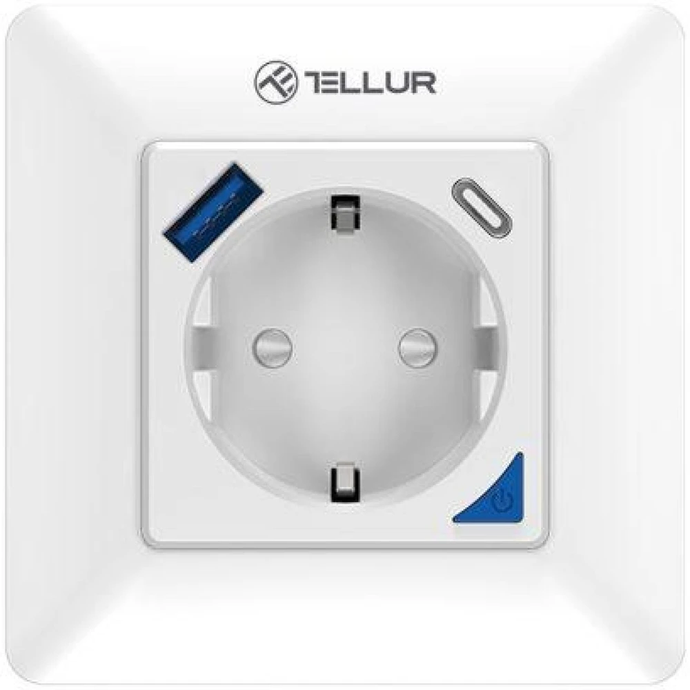 Tellur Išmanusis WiFi sieninis kištukas 3600W 16A, PD20W, USB 18W, energijos matavimas, baltas