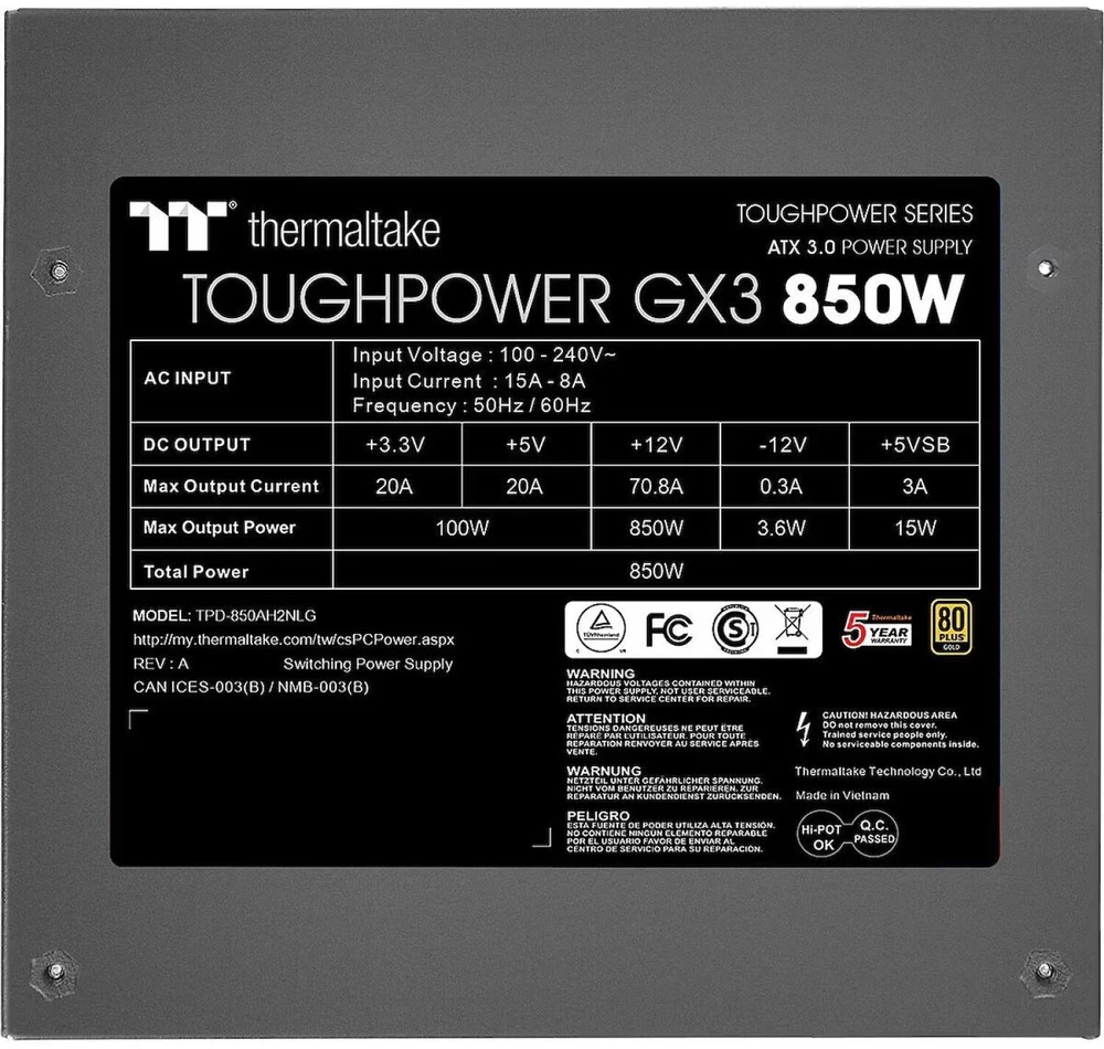 850 W Thermaltake Toughpower GX3 Color Box ATX 3.0 Gold