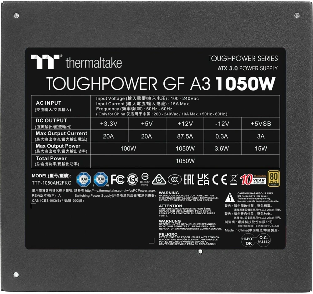 Thermaltake TOUGHPOWER GF A3 maitinimo blokas 1050 W 24 kontaktų ATX ATX Juodas