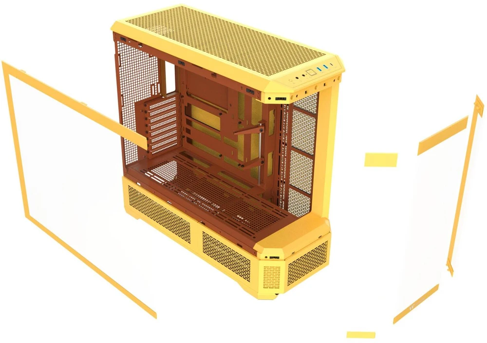 „Thermaltake View 600 TG Butter Caramel“, didelis bokšto formos korpusas – geltonas, grūdintas stiklas