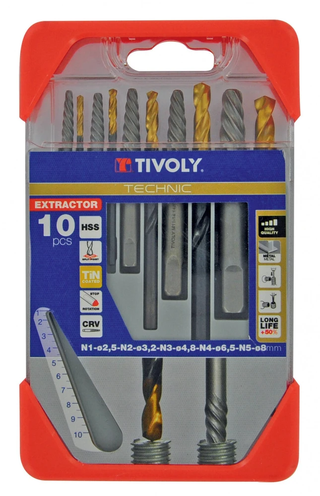 Grąžtas Tivoly nulūžusių varžtų ištraukiklių ir grąžtų rinkinys – 10 dalių:, varžtų ištraukikliai N1–N5 + TiN danga dengti HSS grąžtai Ø2,8–8 mm, trijų briaunų kotas, pilkos spalvos dėklas, (M3-M18 varžtams)