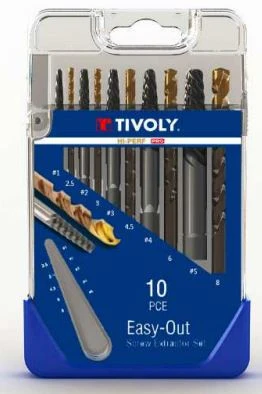 Grąžtas Tivoly nulūžusių varžtų ištraukiklių ir grąžtų rinkinys – 10 dalių:, varžtų ištraukikliai N1–N5 + TiN danga dengti HSS grąžtai Ø2,8–8 mm, trijų briaunų kotas, pilkos spalvos dėklas, (M3-M18 varžtams)
