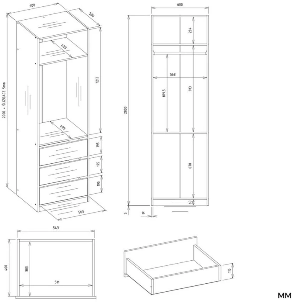 Top E Shop OPENO 1W1P3S Baltas Wardrobe – Modular Wardrobe with Clothes Rail and 3 Drawers