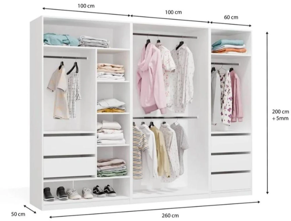 Top E Shop OPENO Modular Wardrobe SET 260/200 Baltas Drawers, Hanging Rails, Shelves – Large – For the Bedroom