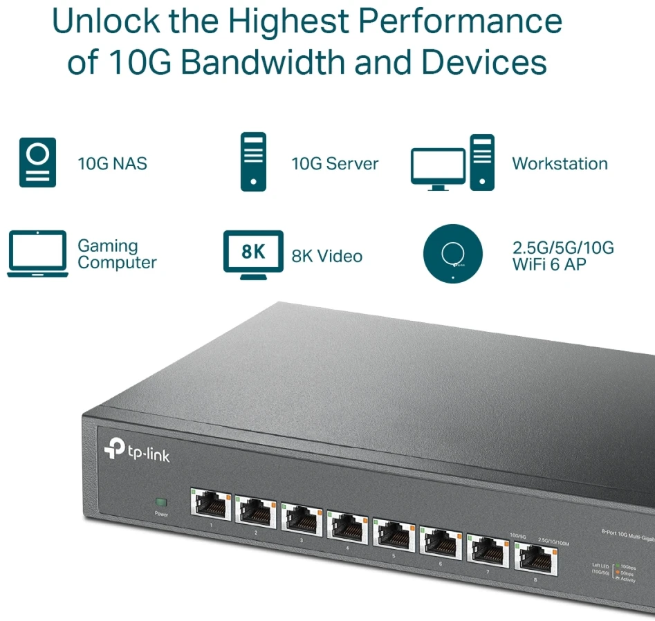 Šakotuvas TP-LINK | 8-Port 10G Switch | TL-SX1008 | Unmanaged | Desktop/Rackmountable | Power supply type External