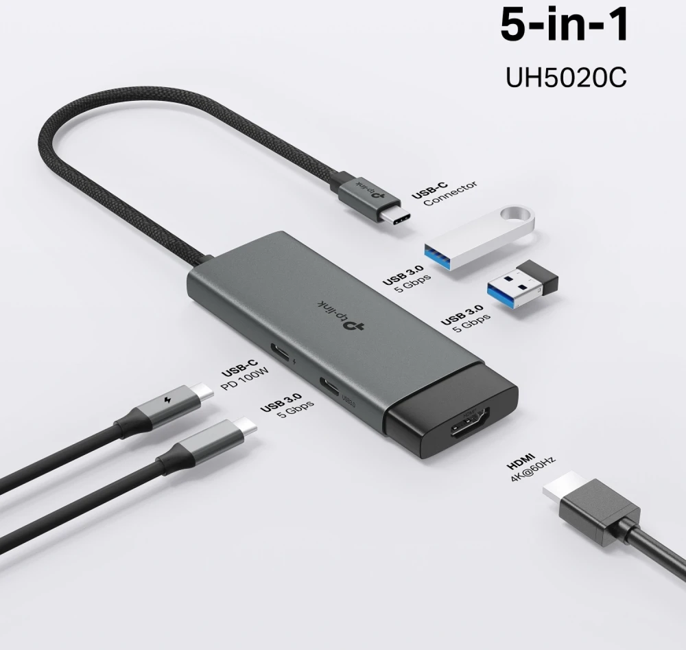 TP-Link UH5020C sąsajos šakotuvas USB Type-C 5000 Mbit/s Pilkas