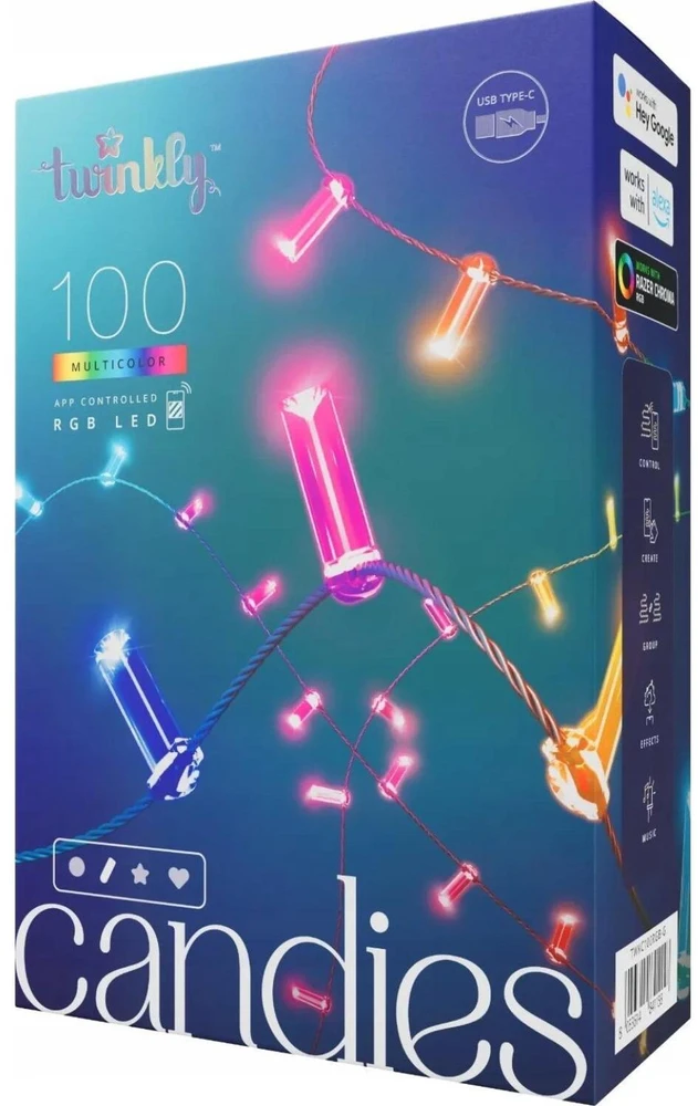 Kalėdinė girlianda Twinkly Candies 100 RGB LED USB- C, žalios spalvos laidas