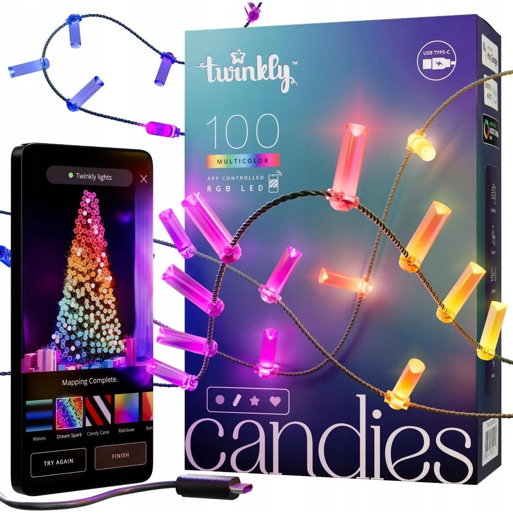 Kalėdinė girlianda Twinkly Candies 100 RGB LED USB- C, žalios spalvos laidas