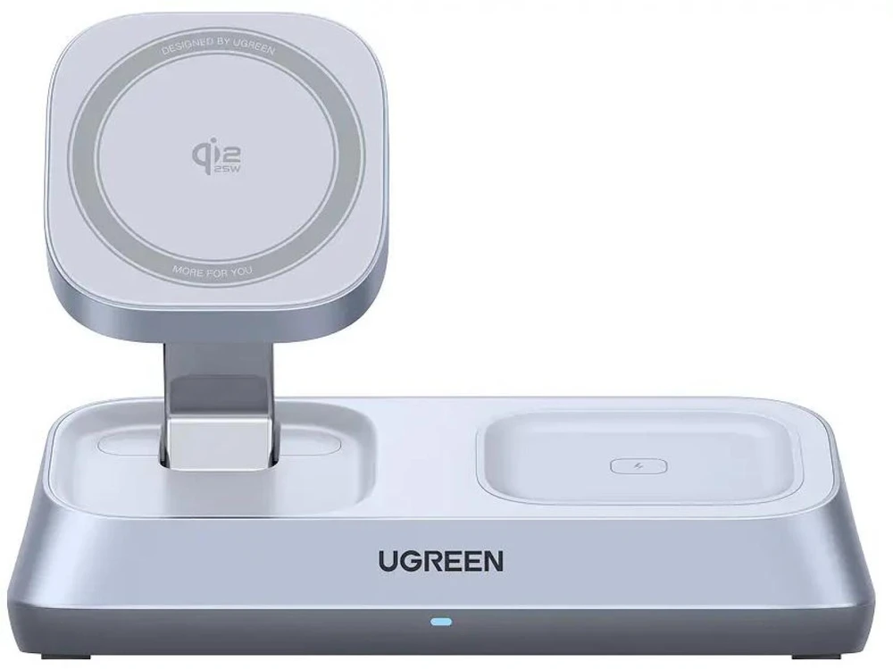 UGREEN W711 MagFlow 3-in-1 magnetinis belaidis stalinis įkroviklis Qi2 25W, skirtas iPhone, AirPods ir Watch, sidabrinis (55677)